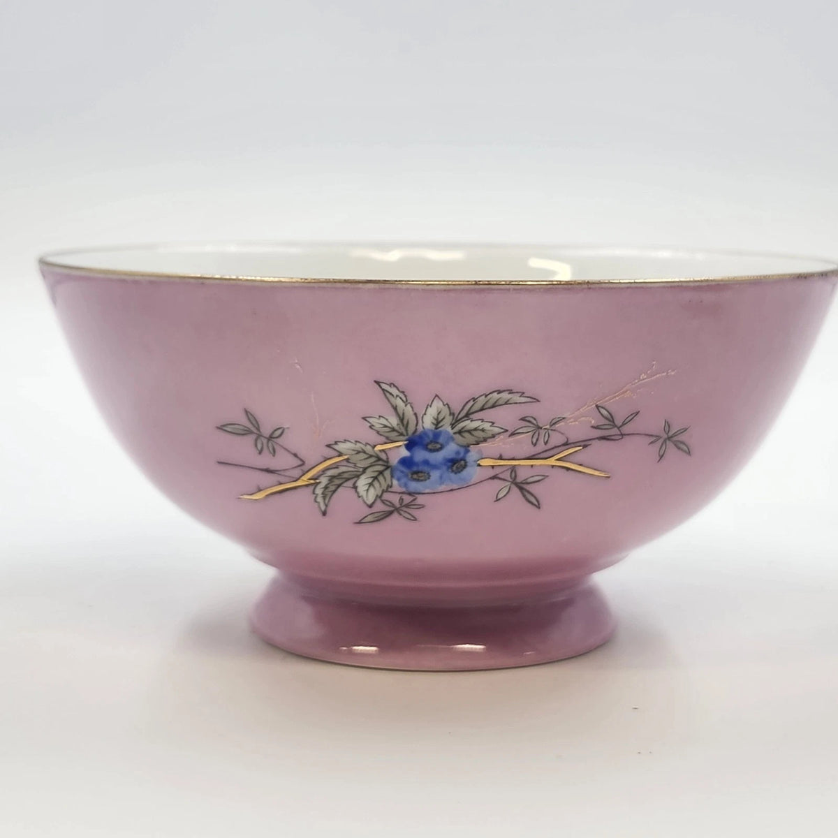 Pink Porcelain Footed Bowl Birds Nest Blue Flowers Gold Trim 6.25" Kitchen