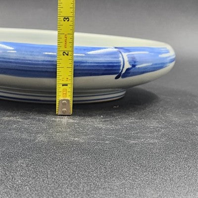 Japanese Porcelain Bowl Blue White Bamboo Dragonfly Design Curled Lip 9.5