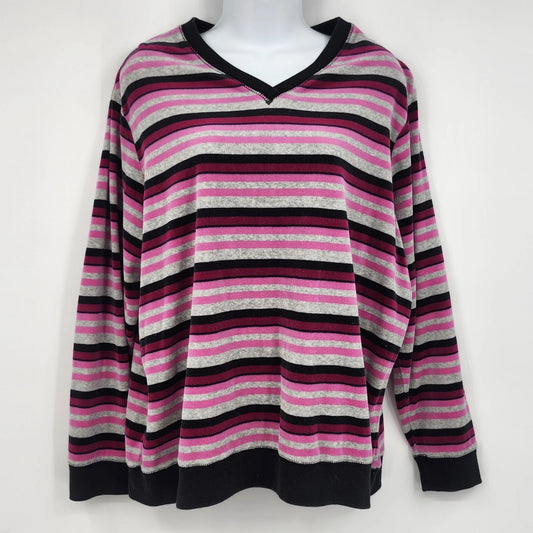 Studio Works Women’s 1X Pink Gray Black Striped V Neck Long Sleeve Pullover Top