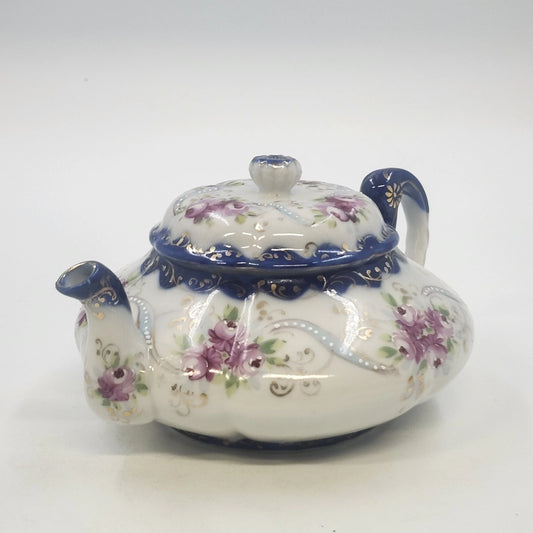 Hand Painted Porcelain Teapot 7.5"Pink Roses Cobalt Blue Gold Accents w Lid Vtg