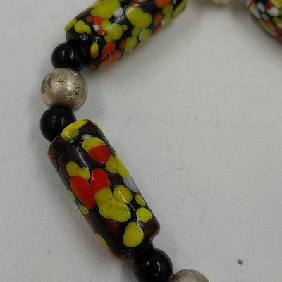 Black & Multicolor Bracelet Art Glass Beaded with Gold Tone Knotted Jewelry 7"