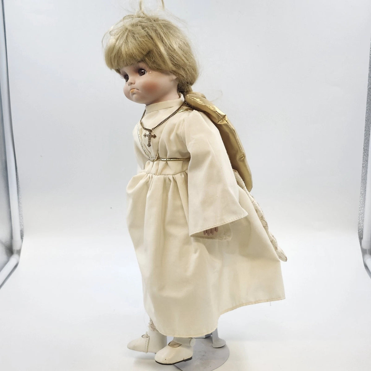 Porcelain Angel Doll Blonde White Robe Gold Wings Cross Stand 17" China Vintage