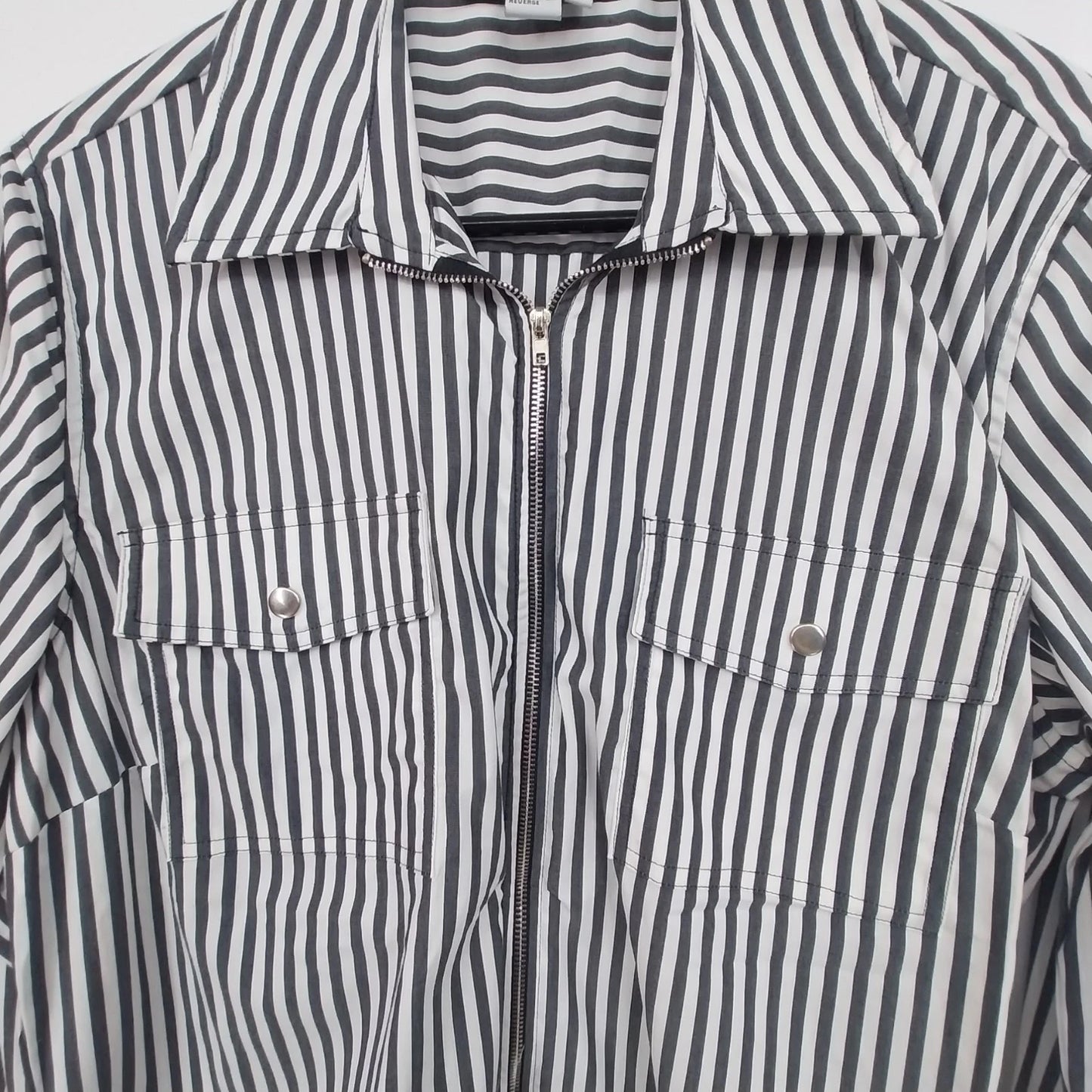 Tracy M Black White Striped Zip Front Blouse Women Large
