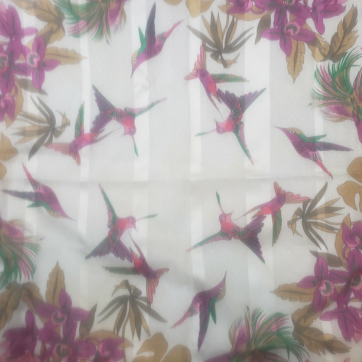 Head Scarf Polyester Green Purple Hummingbird Floral Print 31" Bandana Italy