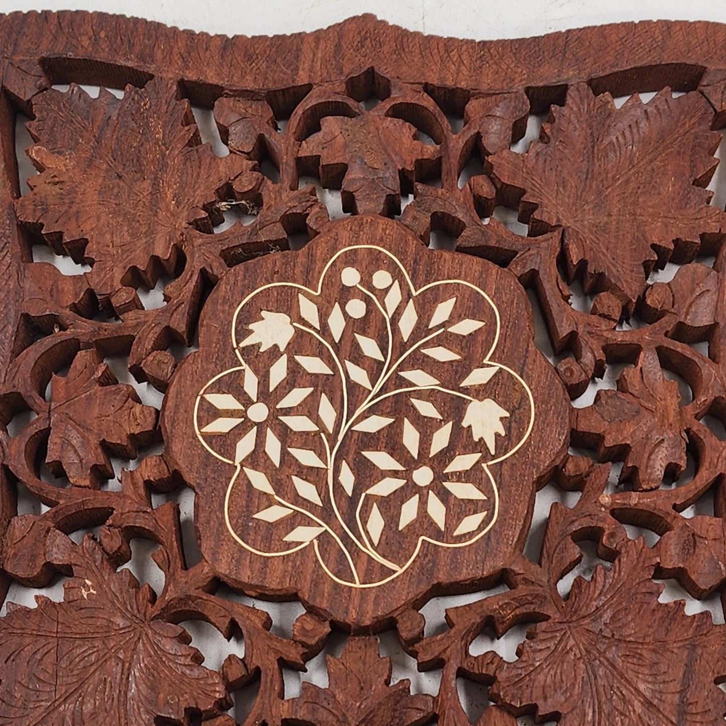 2 Hand Carved Wood Trivets 8" Gold Inlay Floral Leaf Design Scrolled Sides India