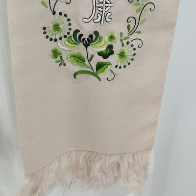 Beige Silk Scarf 10.5"x52" Embroidered Flower Chinese Letters Fringed Edge China