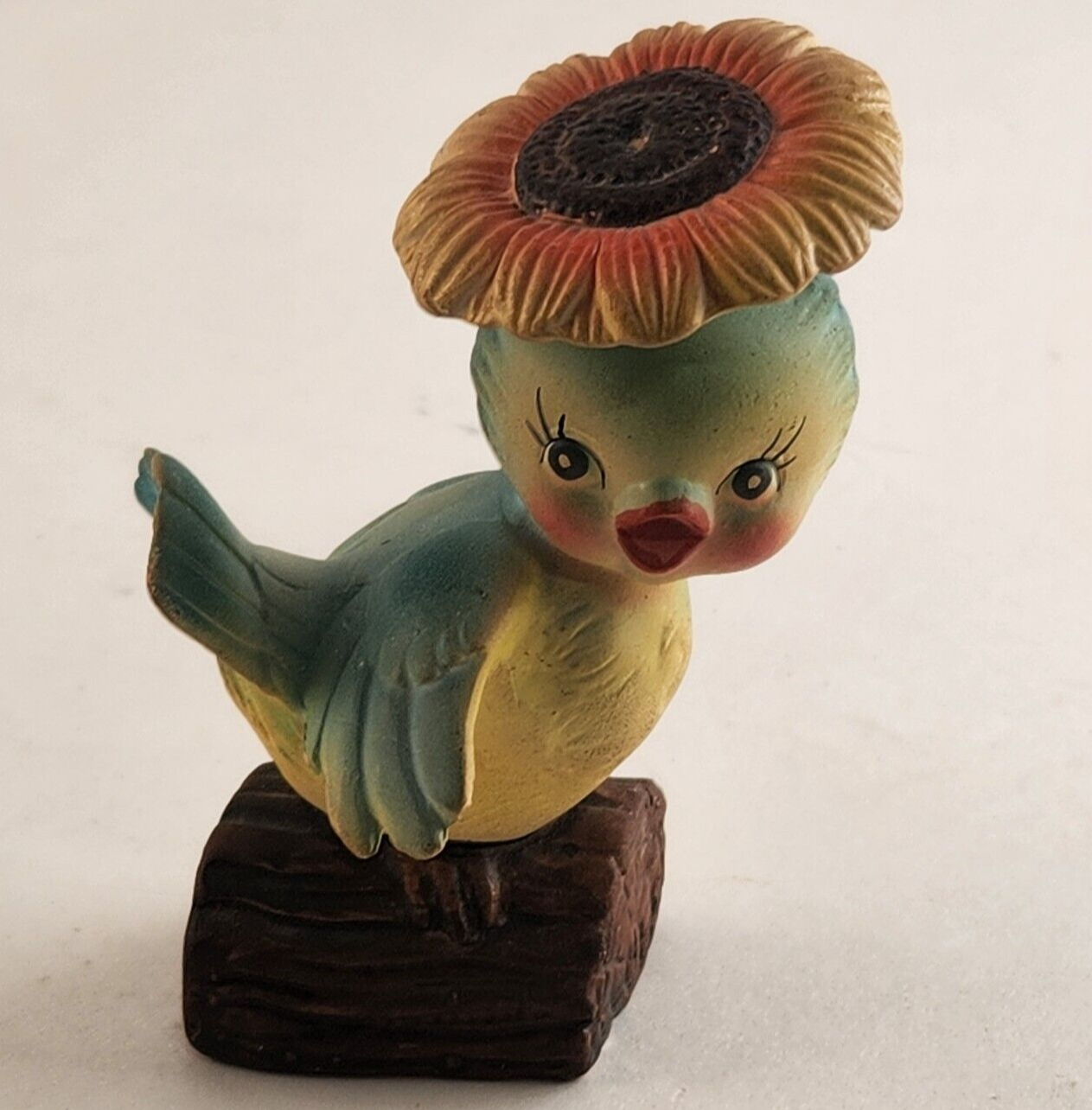 Inarco Bird on Log Figurine Japan Blue Yellow Porcelain Flower Hat 4¼" # E-1677