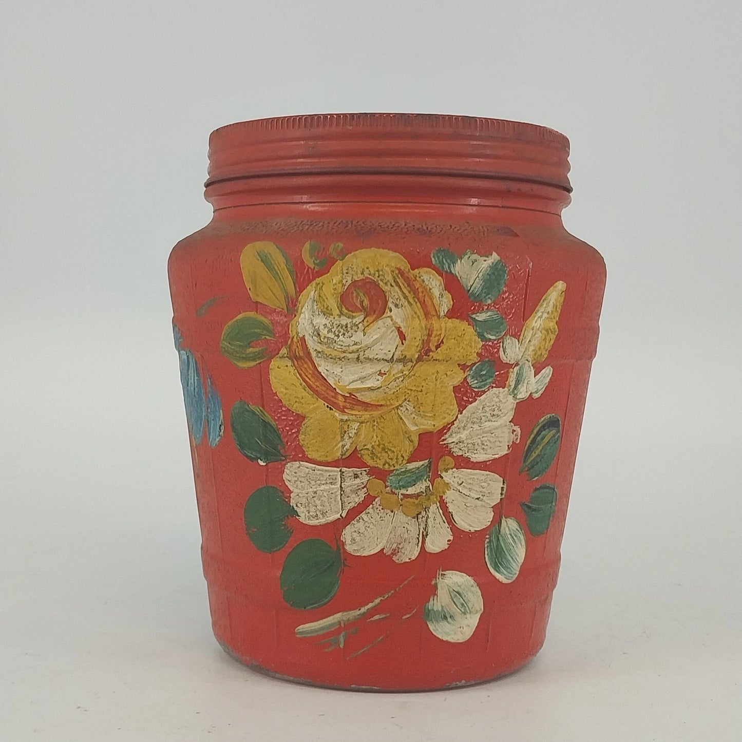 Ransburg Hand Painted Floral Cookie Cracker Jar Glass Metal Lid Folk Art