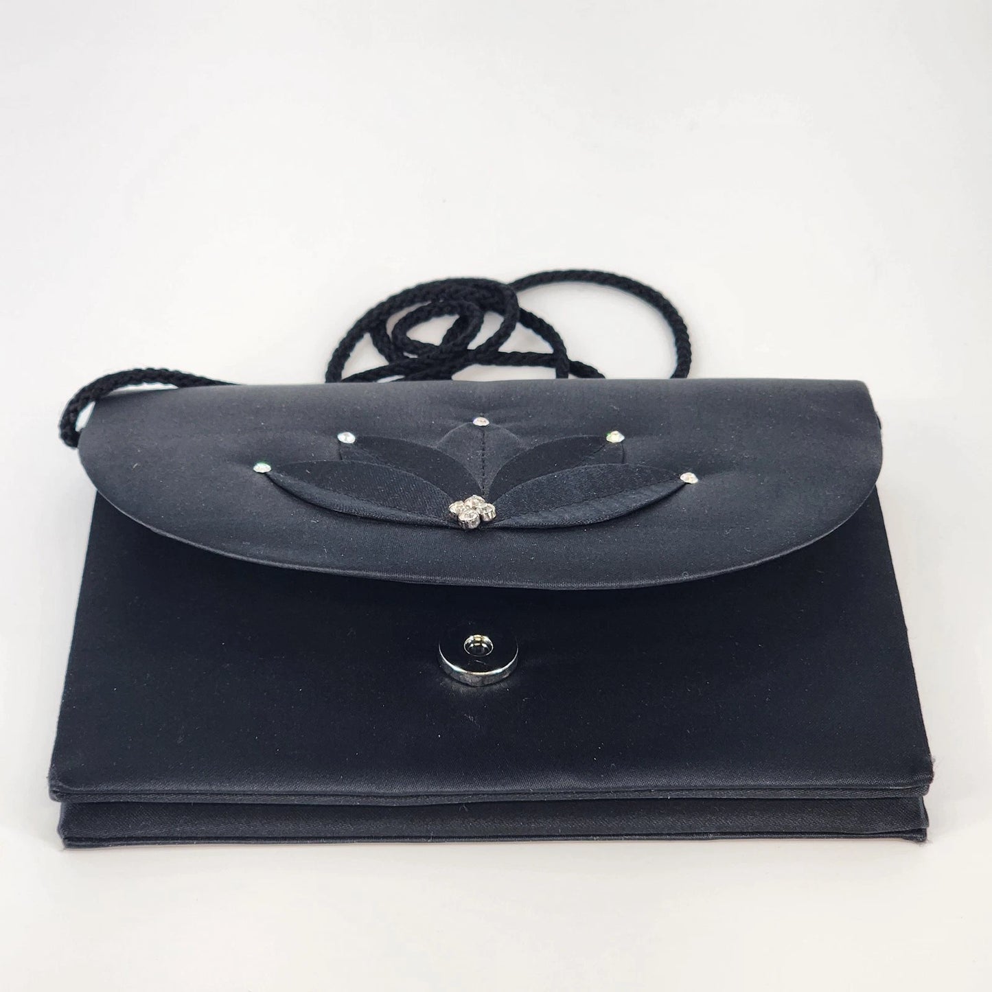 Nina Ricci Paris Black Evening Bag Rhinestone Flower Braided Strap Purse Unused