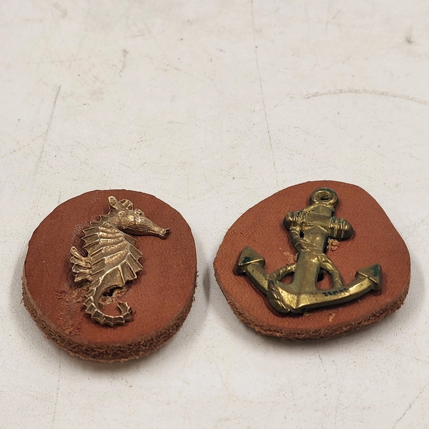 2 Handmade Brass Leather Pins Art Craft Scout Project Seahorse & Anchor 2" Vtg