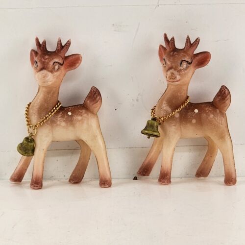 2 Plastic Hollow Reindeer Vintage Figurines Bells Chains Hong Kong 3.5"h