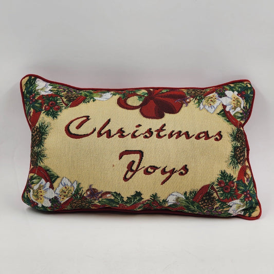 Christmas Joys Throw Pillow Red Back Holly Berries Holiday Decor 18" x 11"