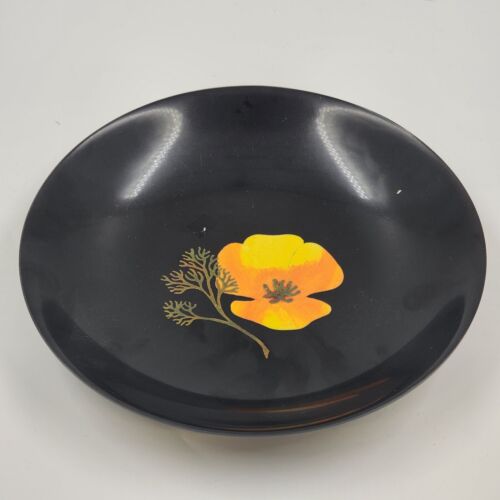 Couroc Yellow Poppy Flower 7.75" Bowl Black with Image in the Center One Piece