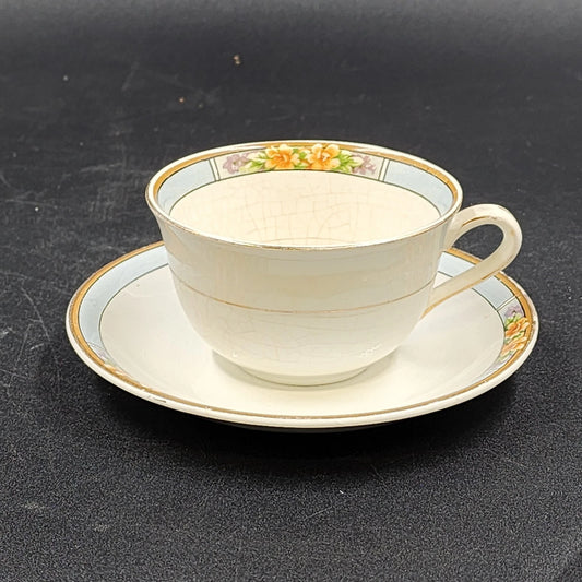 6 Nebraska Blue Flat Cup & Saucers England Blue Rim Flower Accent J & G Meakin