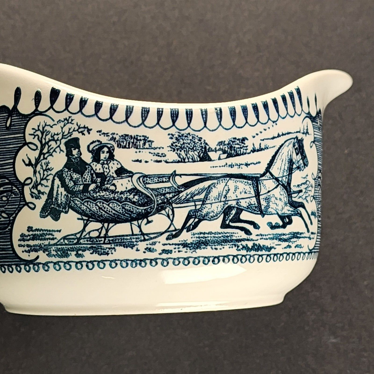 Currier and Ives Blue 4½" Gravy Boat Bowl by Royal Horse and Carriage Image USA