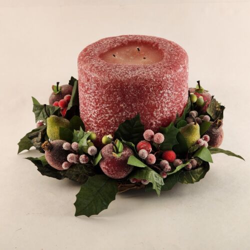 3 Wick Red Candle Centerpiece 6" Across with Fruit Leaves and Berry Wreath 6" H