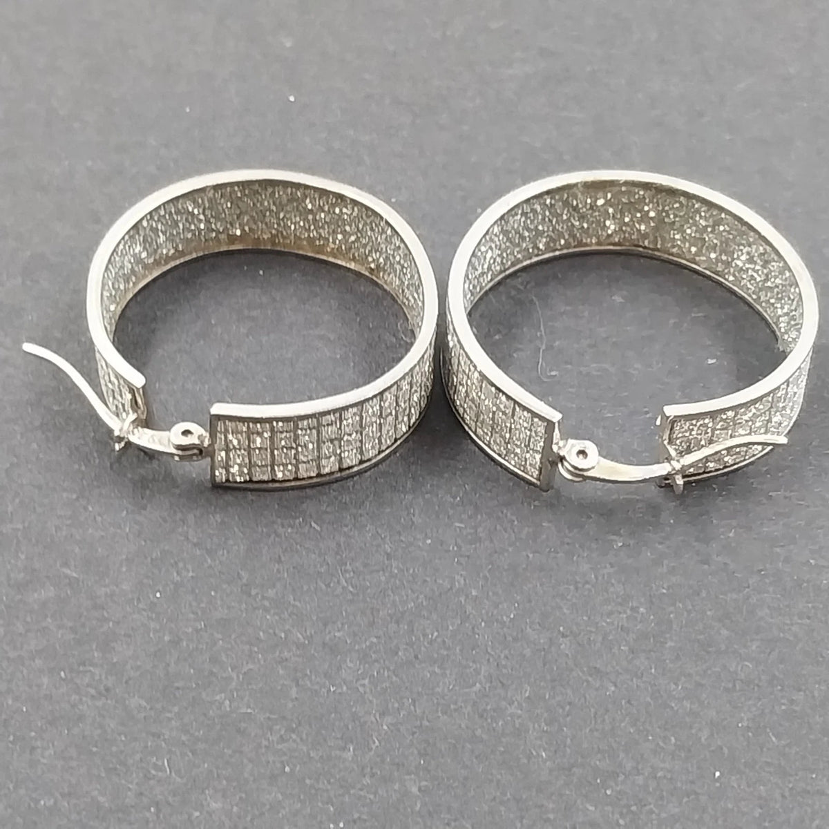 Silver Tone Pave Hoop Earrings Wide Multi Row White Rhinestone Leverback Pair