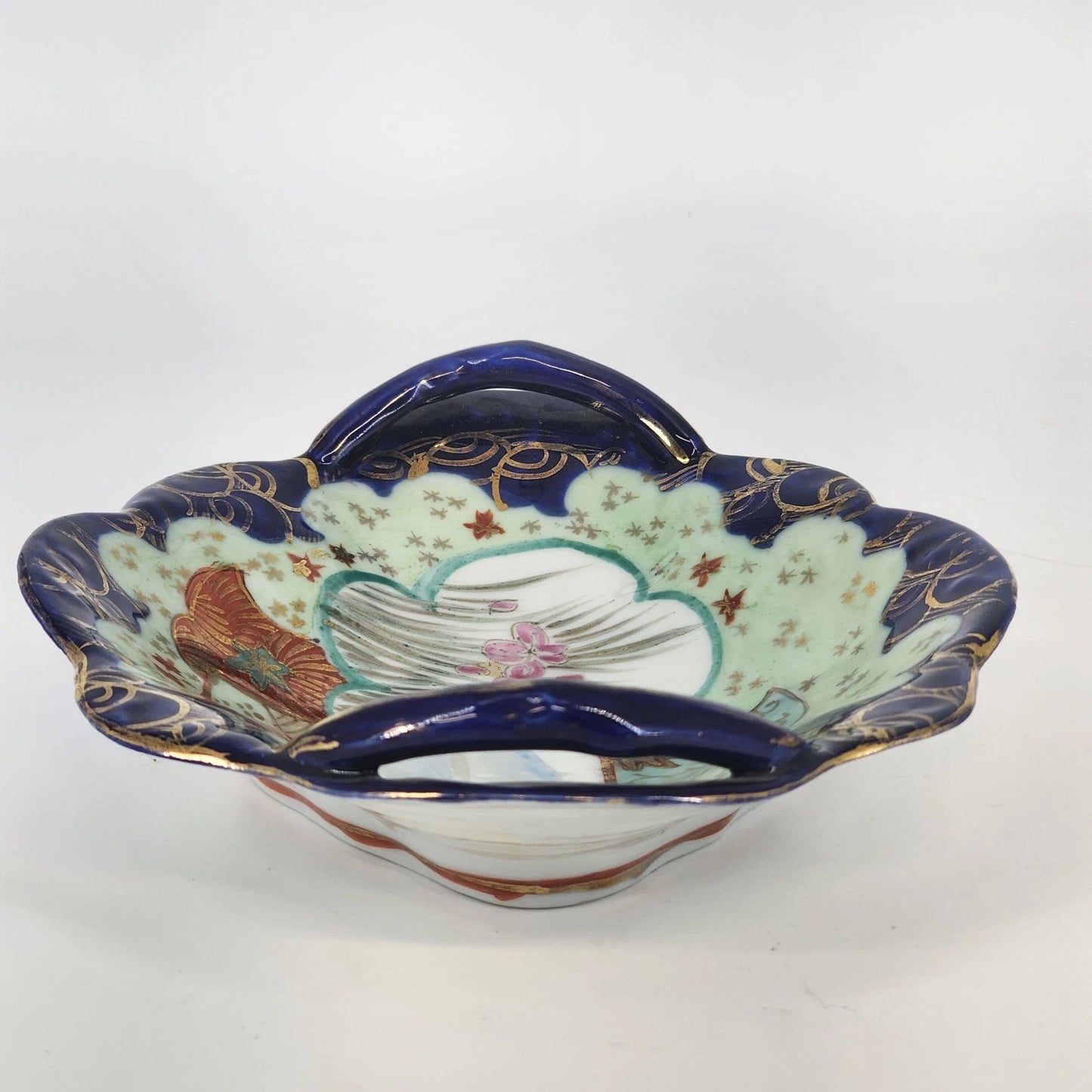 2 Japanese Porcelain Oval Dishes Hand Painted Raised Cobalt Blue Handles 8"x6.5"