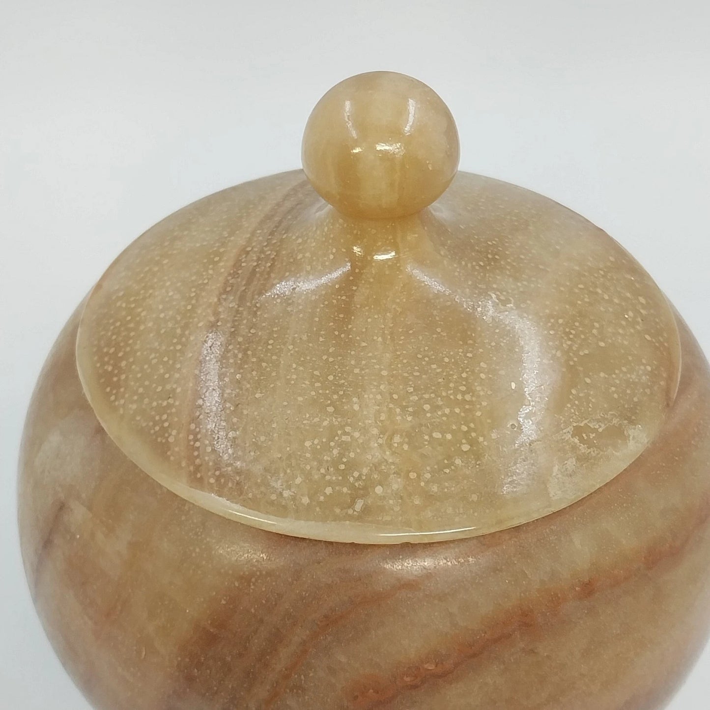 Banded Alabaster Pedestal Candy Dish Lidded Jar Cream Brown Natural Stone 9"