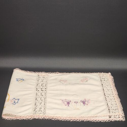 White Table Runner Embroidered Butterflies and Crochet Lace Edging Vintage 40"