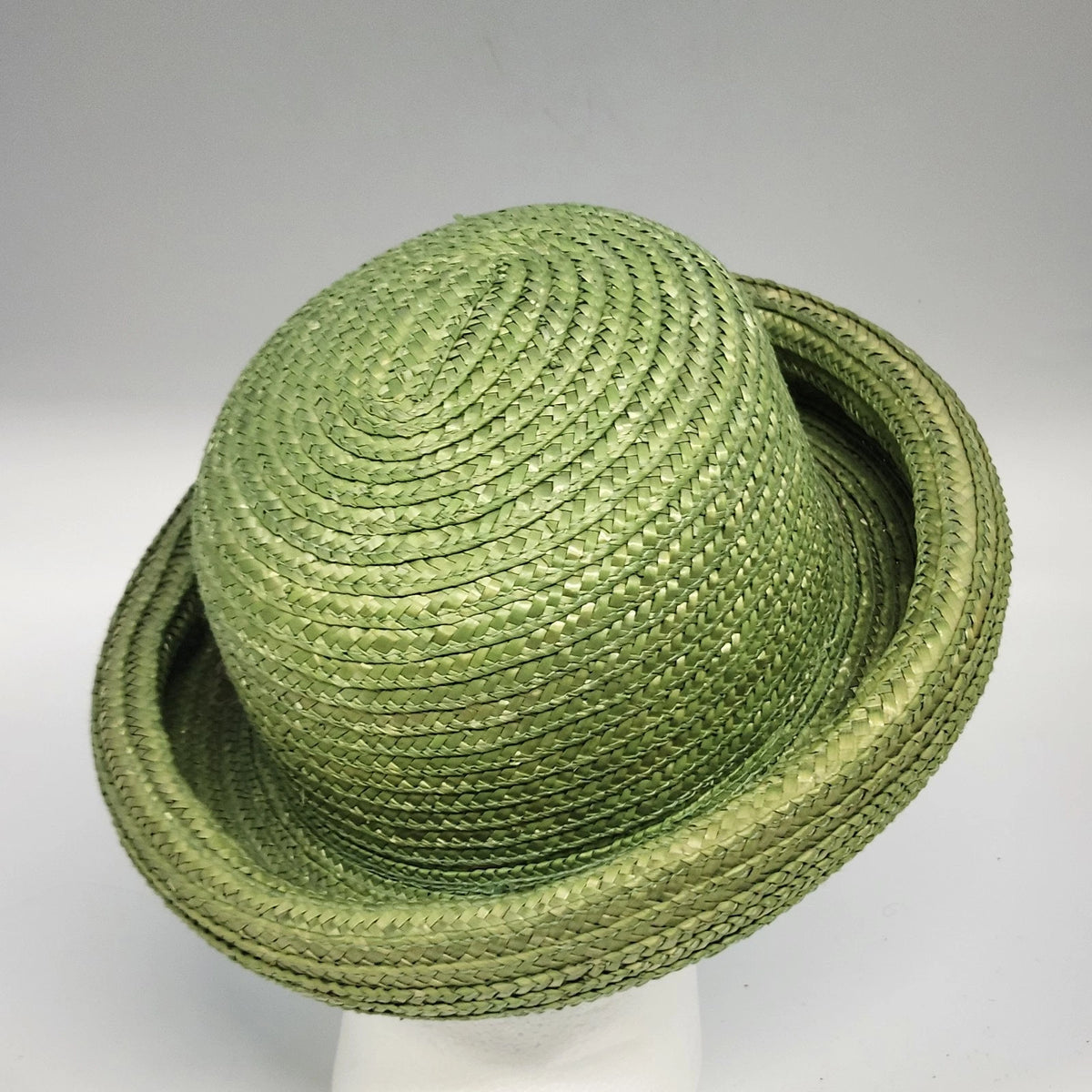 Green Natural Straw Sun Hat Women Rolled Brim Braided Round Crown Summer Garden