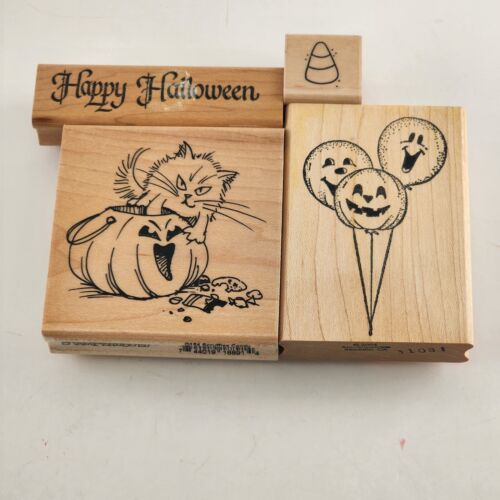 Lot of 4 Halloween Themed Wooden Mounted Rubber Stamps Vintage Lightly Used