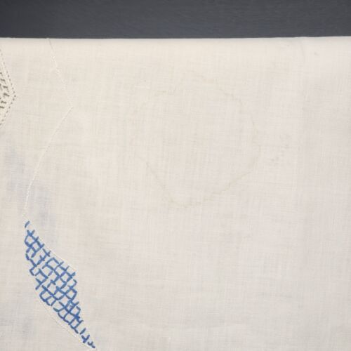 White Blue Hand Embroidered Linen Table Runner Vintage Minor Stain Pictured 40"