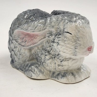 Gray Rabbit Figurine Bone China Bunny White Face Eyes Closed Taiwan 6.5" Long
