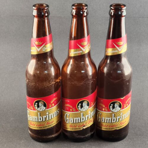 3 Gambrinus Gold Label Beer Bottles 12 Fluid Oz Empty Amber Glass Paper Labels