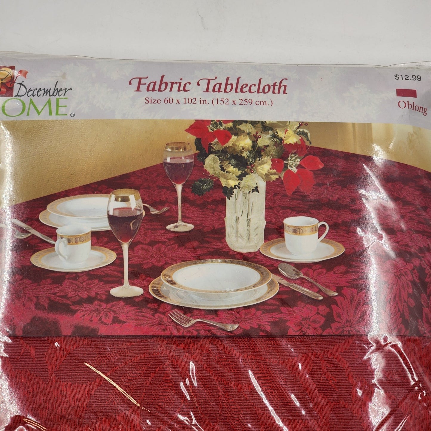 December Home Fabric Tablecloth Oblong Red Damask Poinsettia Motif 60"x102" NEW