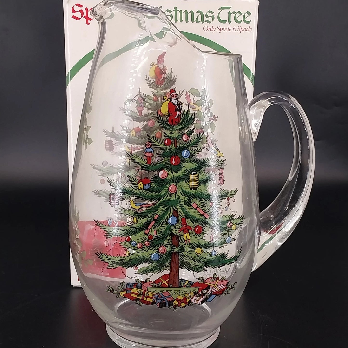 Spode Christmas Tree Santa Holly Clear Glass Ice Lip Pitcher 2½ Qt 10½" Vintage