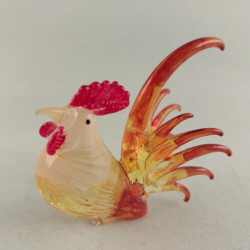 Rooster Miniature Glass Figurine Blown Fused Art Clear Red Yellow Orange