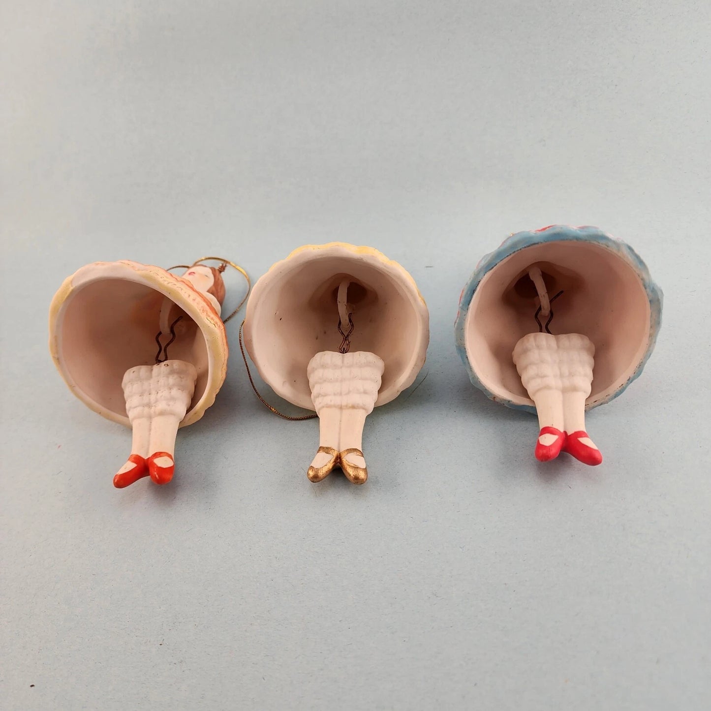 3 Young Girl Christmas Ornaments Porcelain Bell Hanging Leg Chimes w Box Vintage