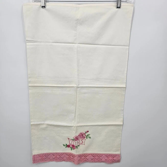 MRS Embroidered Pillowcase Pink Green Floral Lace Trim Mid Century 30" Vtg 1950s