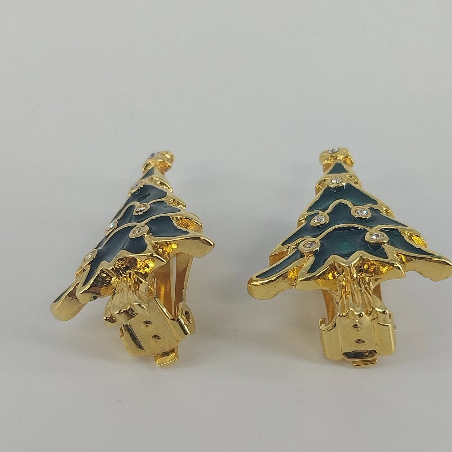 Christmas Tree Clip On Earrings Green Gold Tone Rhinestone Vintage Holiday 1990s