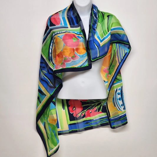 Geometric Silk Blend Square Scarf 34" Abstract Colorful Print Roll Edge