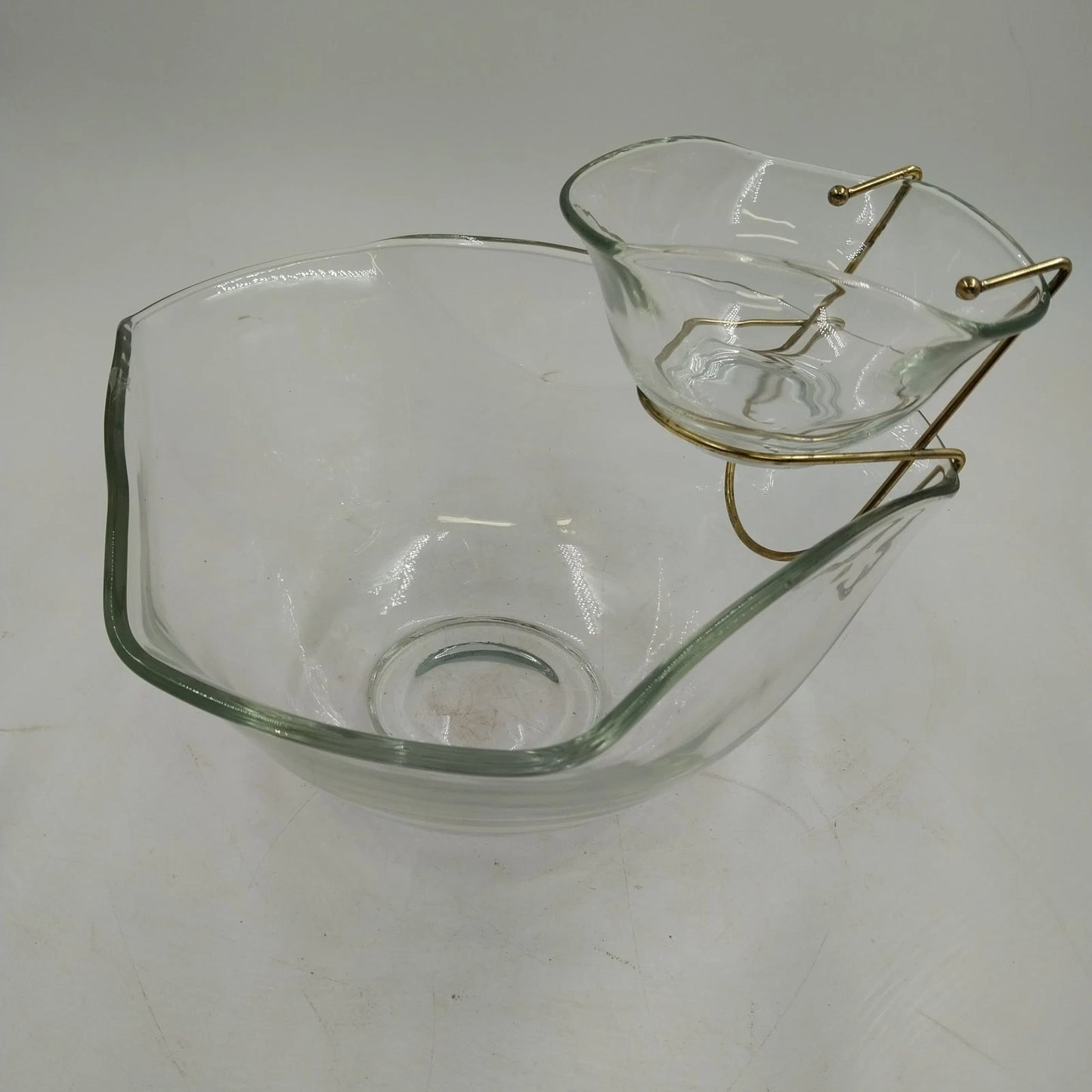 Tri-Top Chip Dip Serving Bowl Set Clear Glass Metal Bracket Indiana Glass Modern