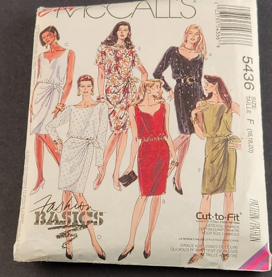 McCall's 5436 Vintage Sewing Pattern Fashion Basics Ladies Dress Size 16 18 20