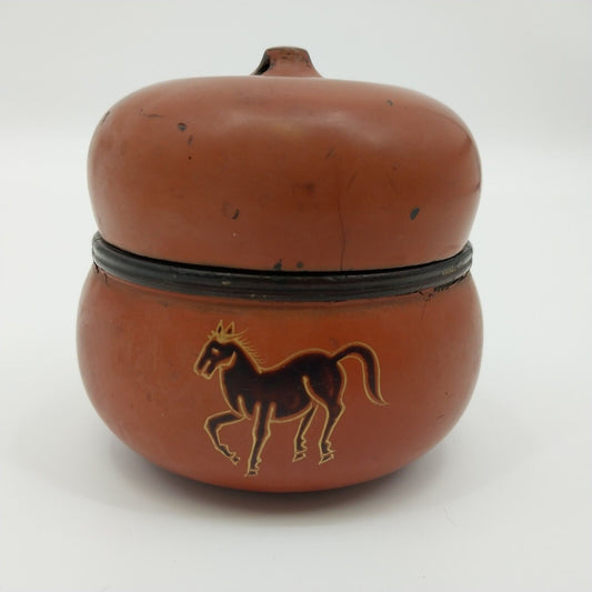 Brown Burmese Lacquerware Lidded Storage Container Hand Painted Horse's