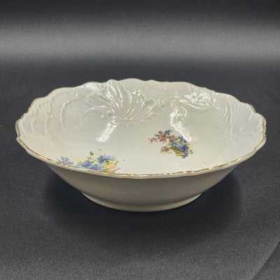 White Serving Vegetable Bowl w Blue Flower Floral Gold Scalloped Edge Embossed