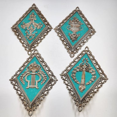 Set 4 Homco Diamond Cameo Wall Plaques Gold & Turquoise Decor Rare Mid Century