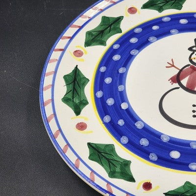 Round Serving Platter Present Tense Italy Hand Painted Snowman Christmas 14"