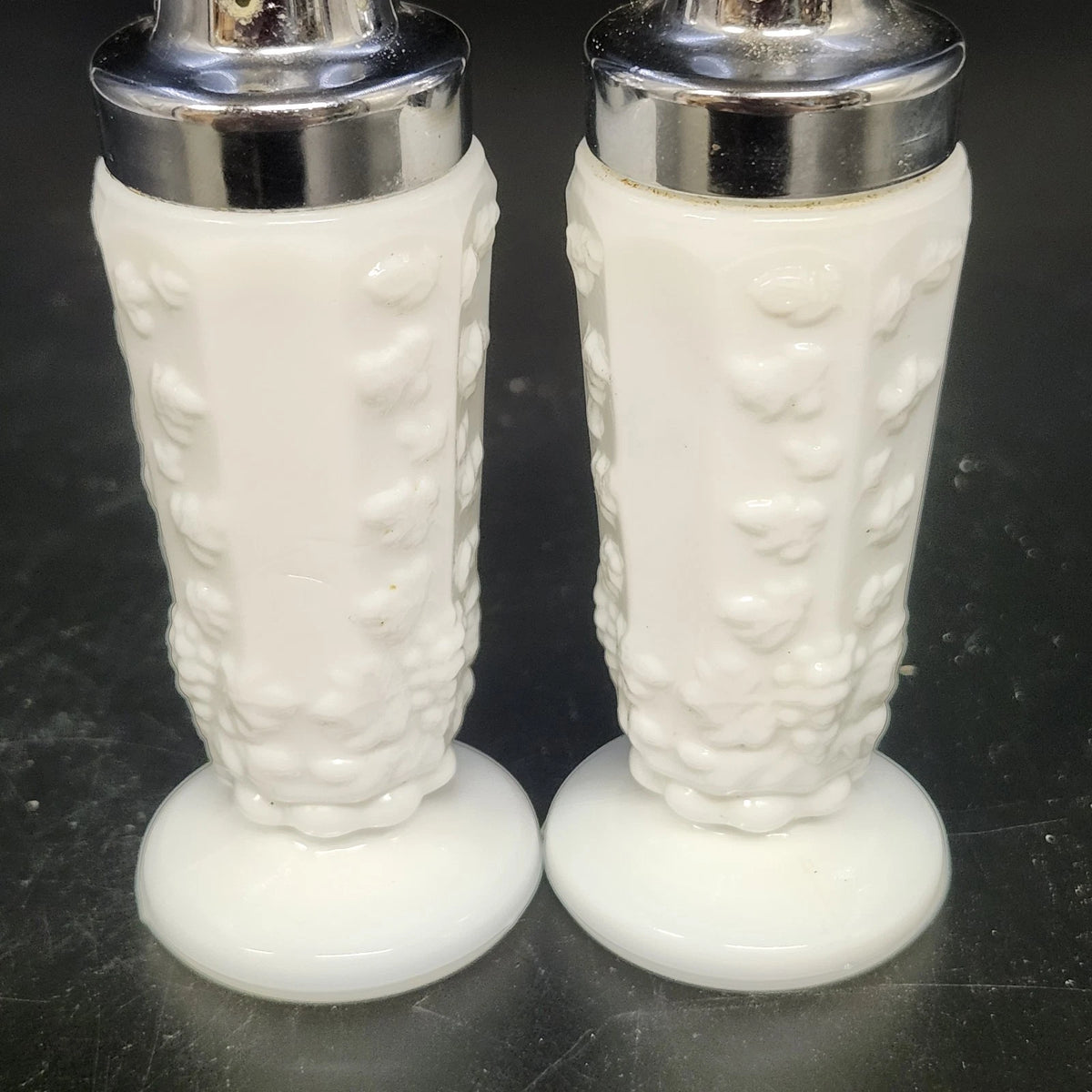 Westmoreland Paneled Grape Milk Glass Salt Pepper Shakers Metal Lids Vintage