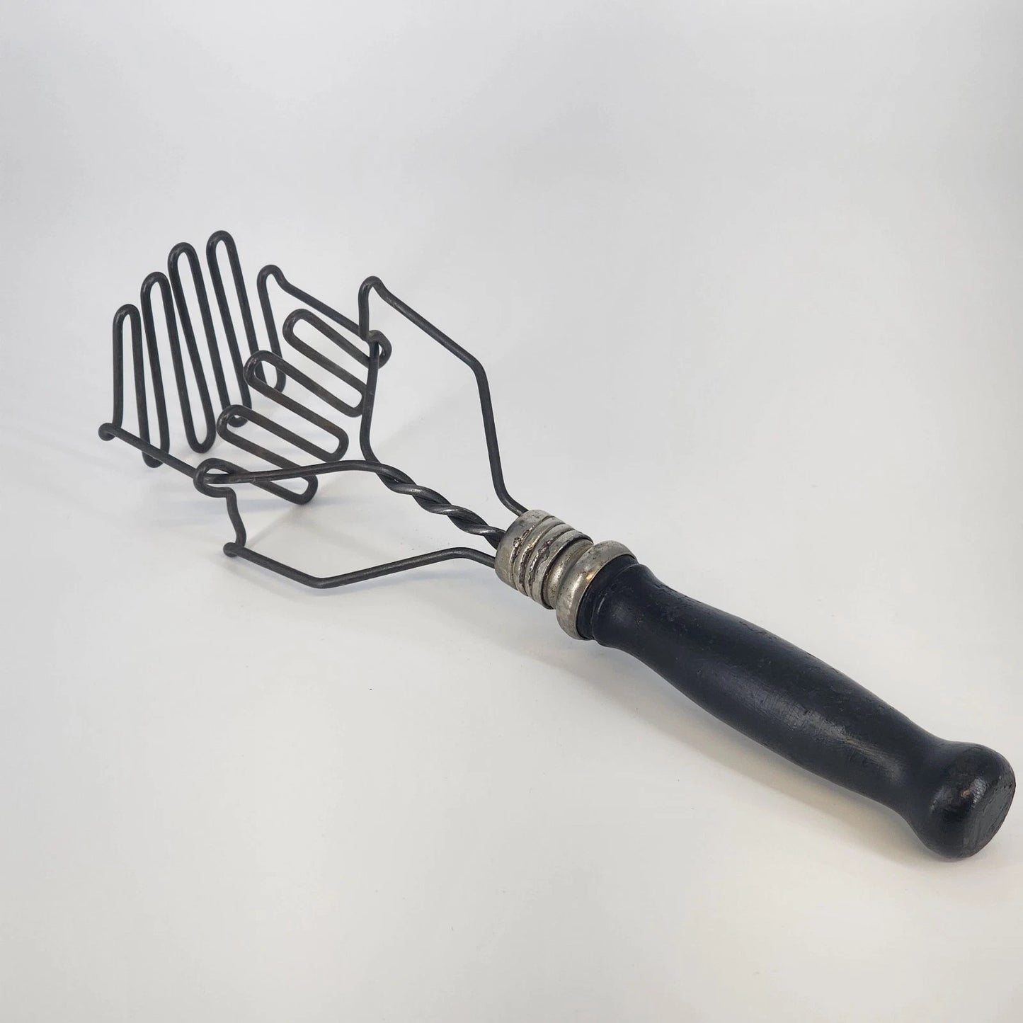 Double Wire Potato Masher Double Spring Action Black Wood Handle Farmhouse Tool