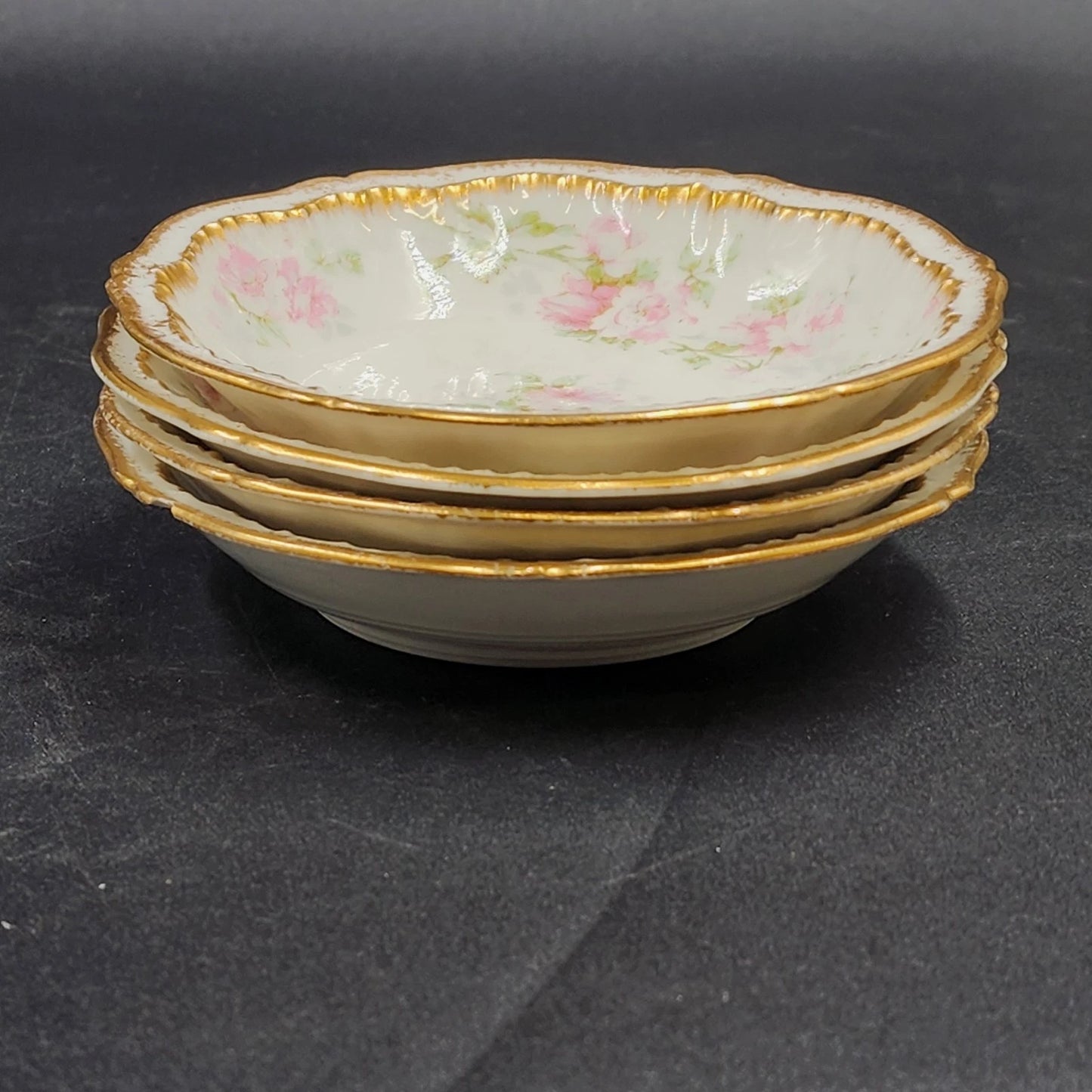 4 Limoges Fruit Dessert Bowls 5.5" The Ardennes Pink Roses Gold Haviland France