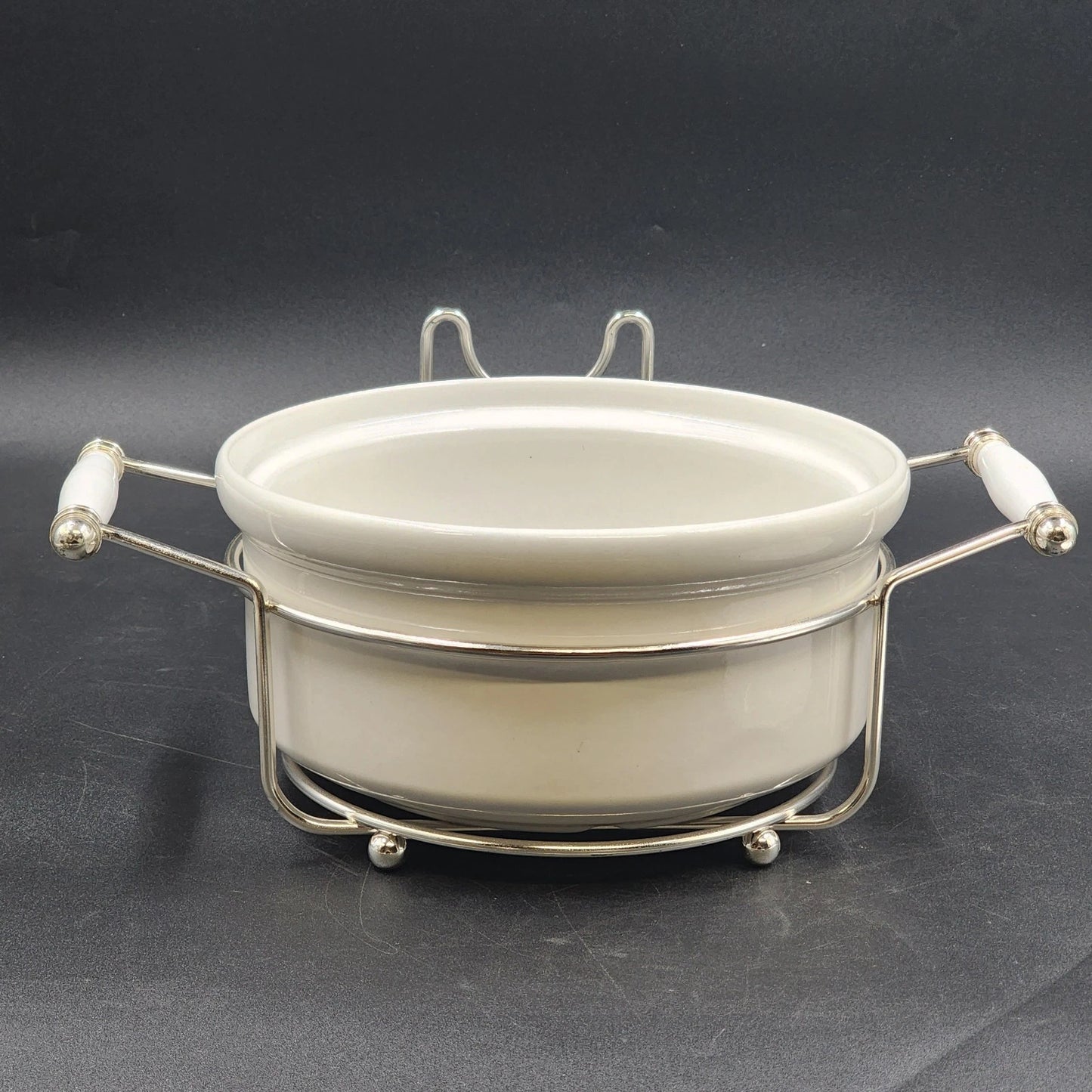 Simpson Ovenstone Casserole Dish with Lid & Silver Plated Serving Caddy 8" Vtg