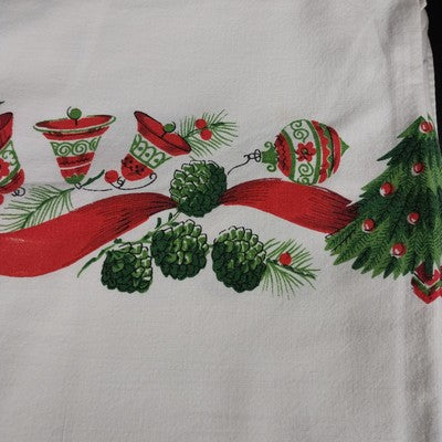 White Tablecloth Christmas Holiday Poinsettia Bell Holly Motif Rectangle 78"x58"