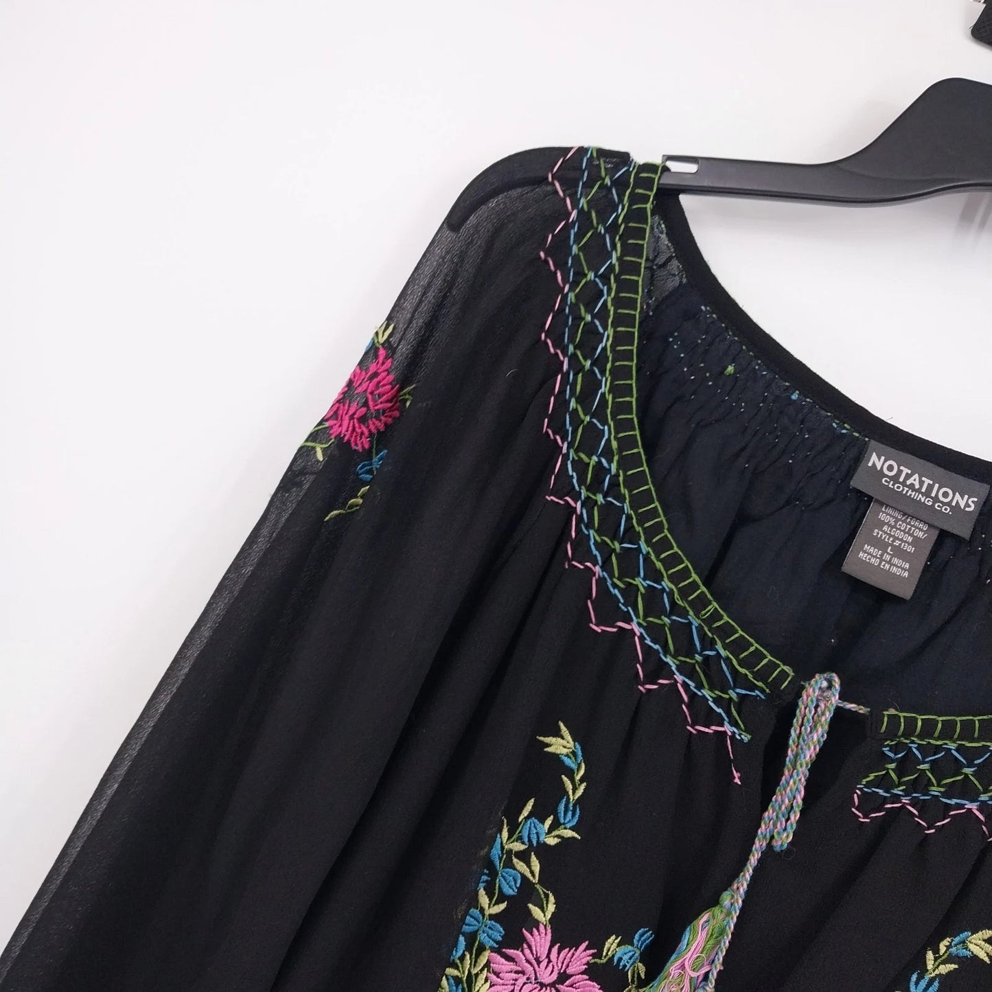 Notations Women's Embroidered Floral Peasant Blouse Tassel Long Sleeve Large