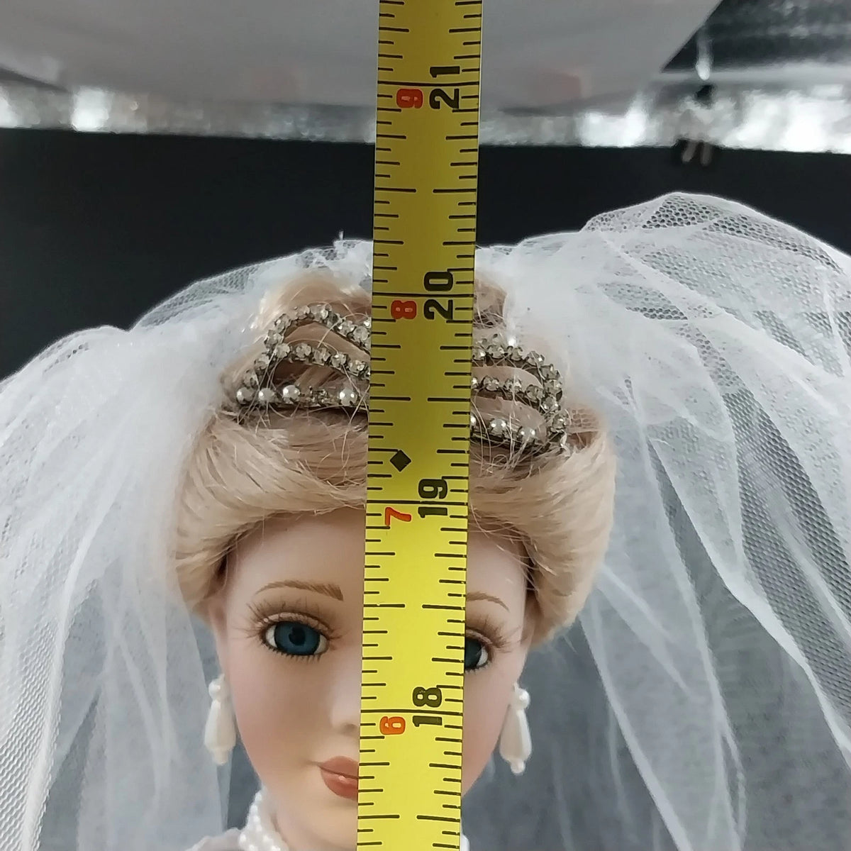 Porcelain Bride Doll 20" Blonde Blue Eyes Wedding Gown Veil Pearl Necklace Vtg