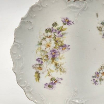White Porcelain Platter Purple Floral Scalloped Edge Handles 9.5"